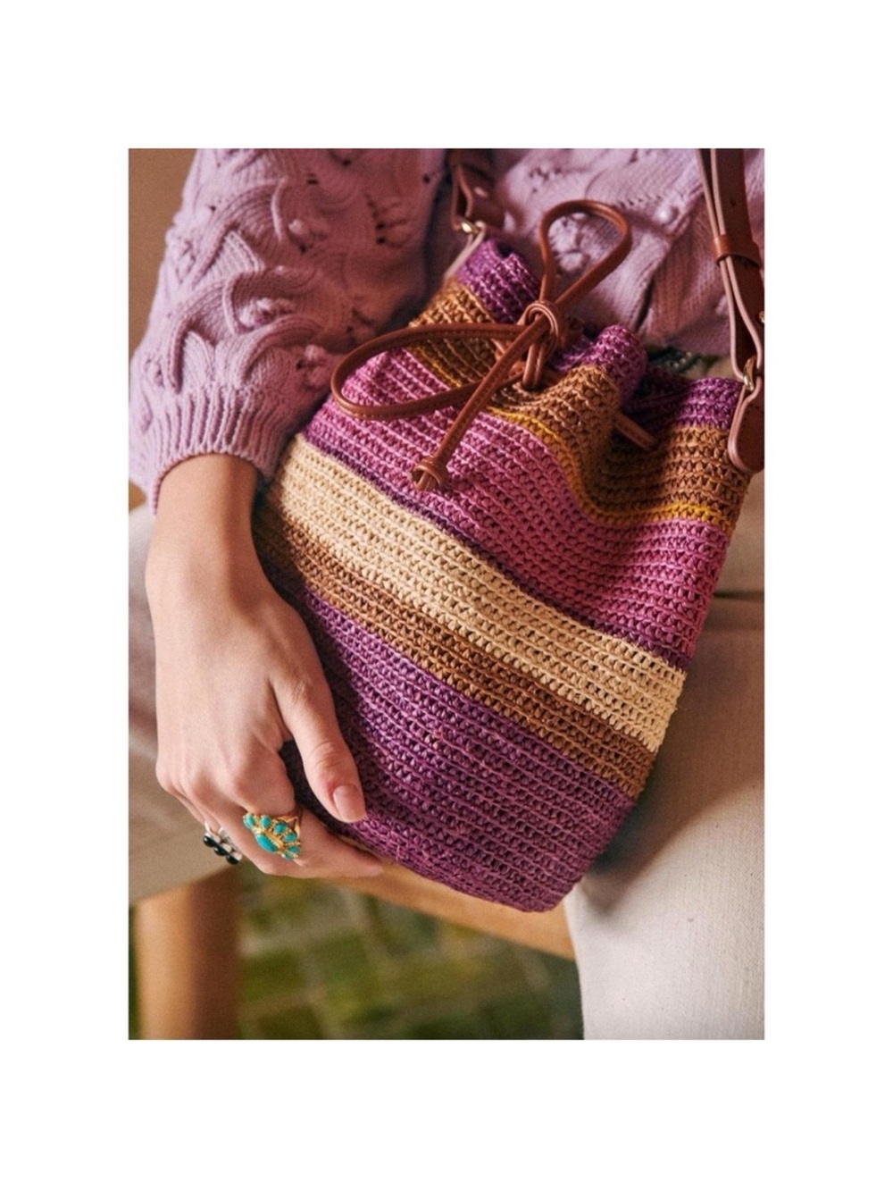 Sezane Farrow Bucket Bag Woven Shoulder Purse Raffia Leather Purple Violet Rare - Picture 7 of 14